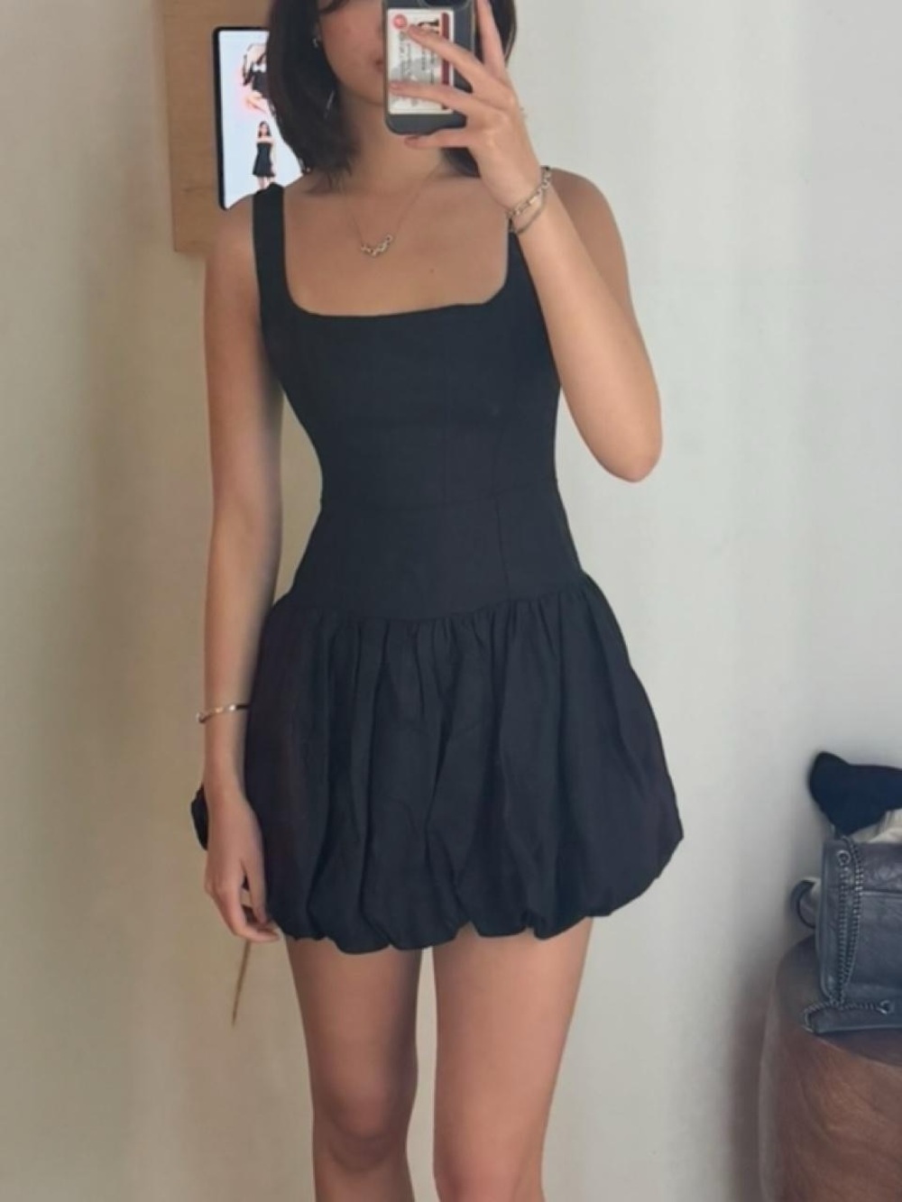 Reformation Black Square-Neck Bubble Hem Mini Dress